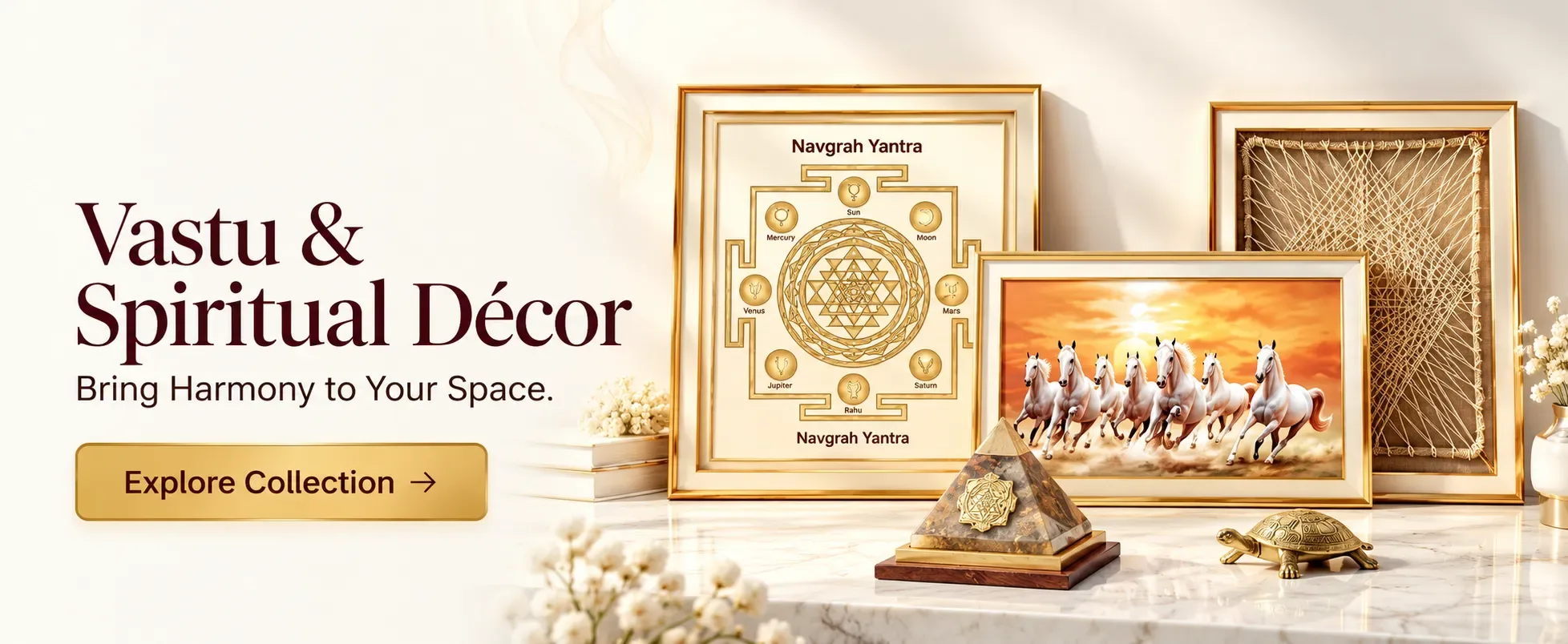Vastu and spiritual décor — framed yantras and Vastu pyramids